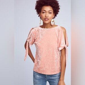 Maeve by Anthropologie Crushed Velvet Cold Shoulder Blouse – Coral Tie-Sleeve
